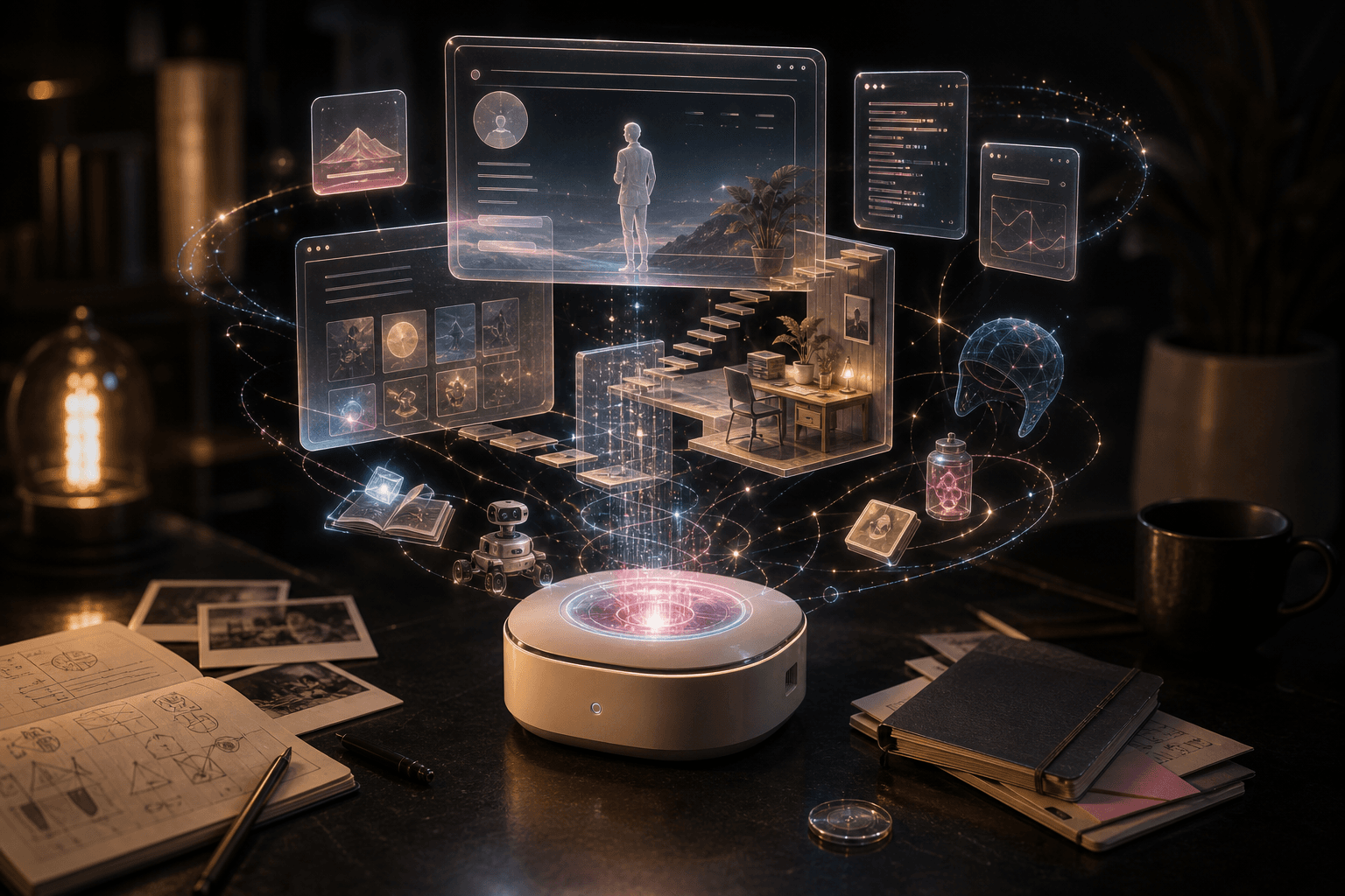 Concept illustration of an interactive personal portfolio arranged like a small project museum.