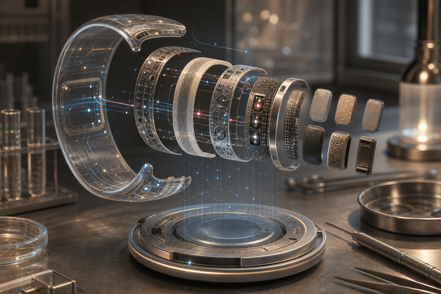 Concept illustration of an open recovery wearable with exposed modular sensor layers.
