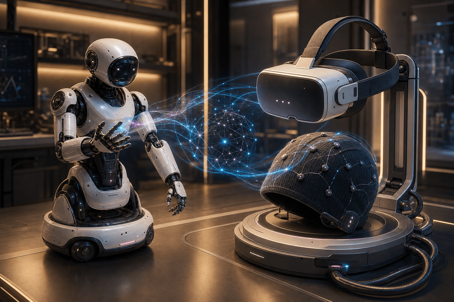 Concept illustration linking a VR user, neural interface, and remote robotic hand.